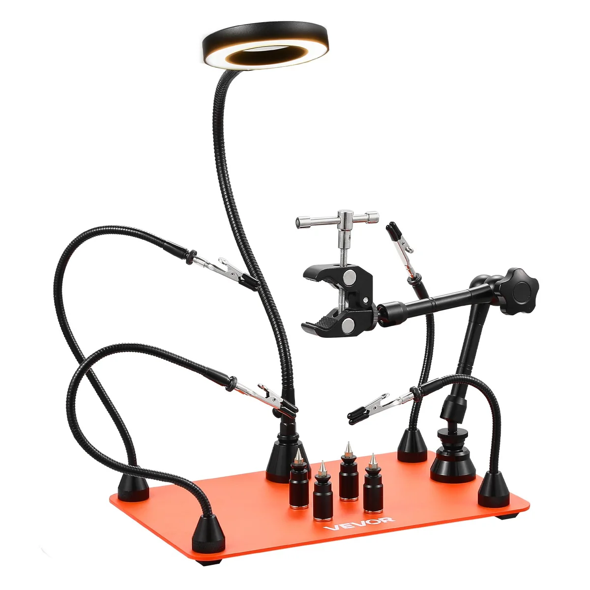 Stație de lipit cu brațe ajutătoare magnetice, bază grea din oțel, lupă LED 3X și suport pistol de aer cald 360°, cu brațe flexibile lungi și scurte