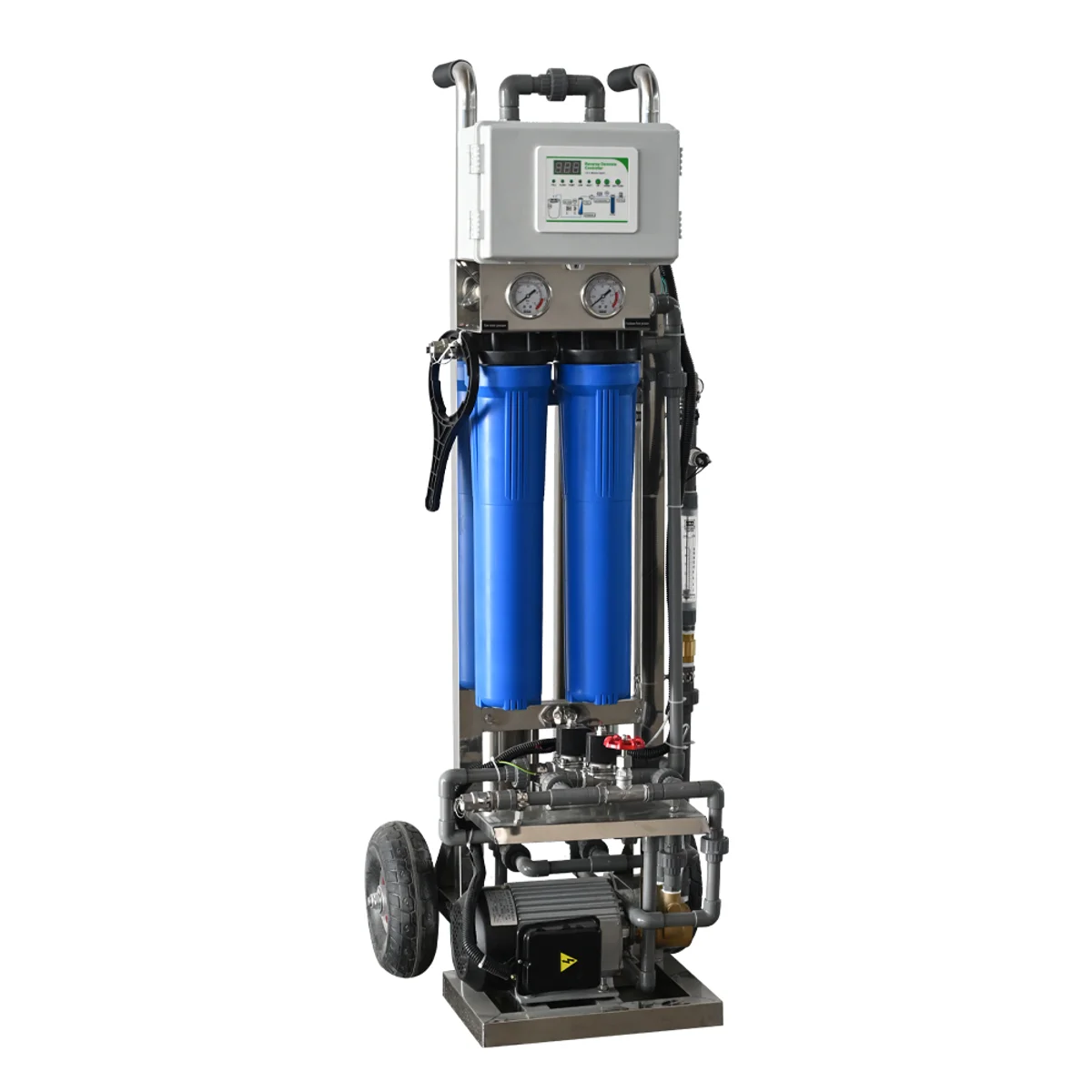 Cărucior mobil RO/DI pentru spălare auto fără urme, 500 L/h, osmoză inversă + deionizare, pompă încorporată, inox 304, control automat PLC