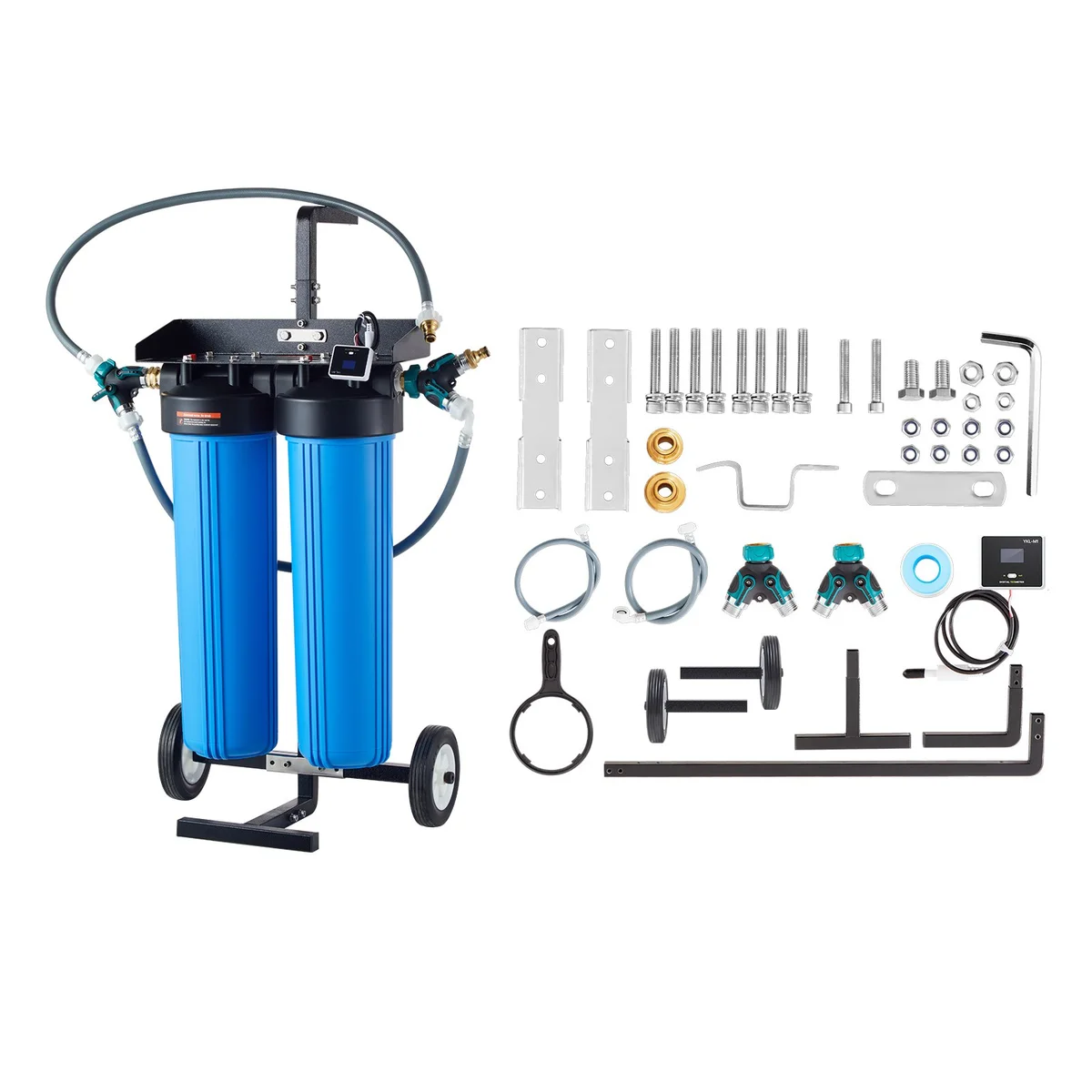 Sistem de apă deionizată pentru spălătorie auto, pe cărucior mobil, cu contor TDS integrat, dublă ieșire, 2 × 4 L rășină pat mixt