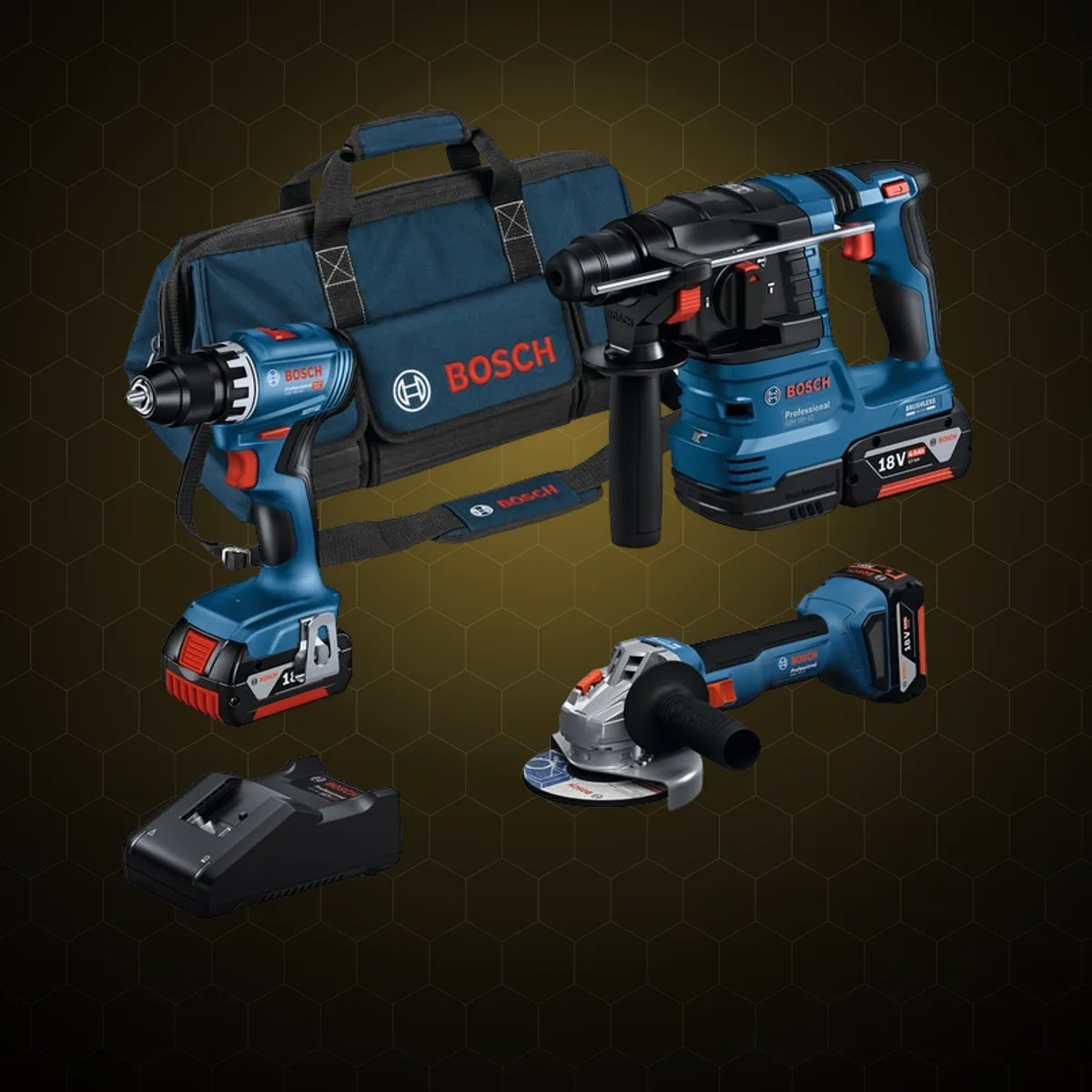 Set 3 scule cu acumulator Bosch Professional 18 V — mașină de găurit GSR 18V-45, rotopercutor GBH 18V-22, polizor unghiular GWS 18V-8, 3 acumulatori 4 Ah