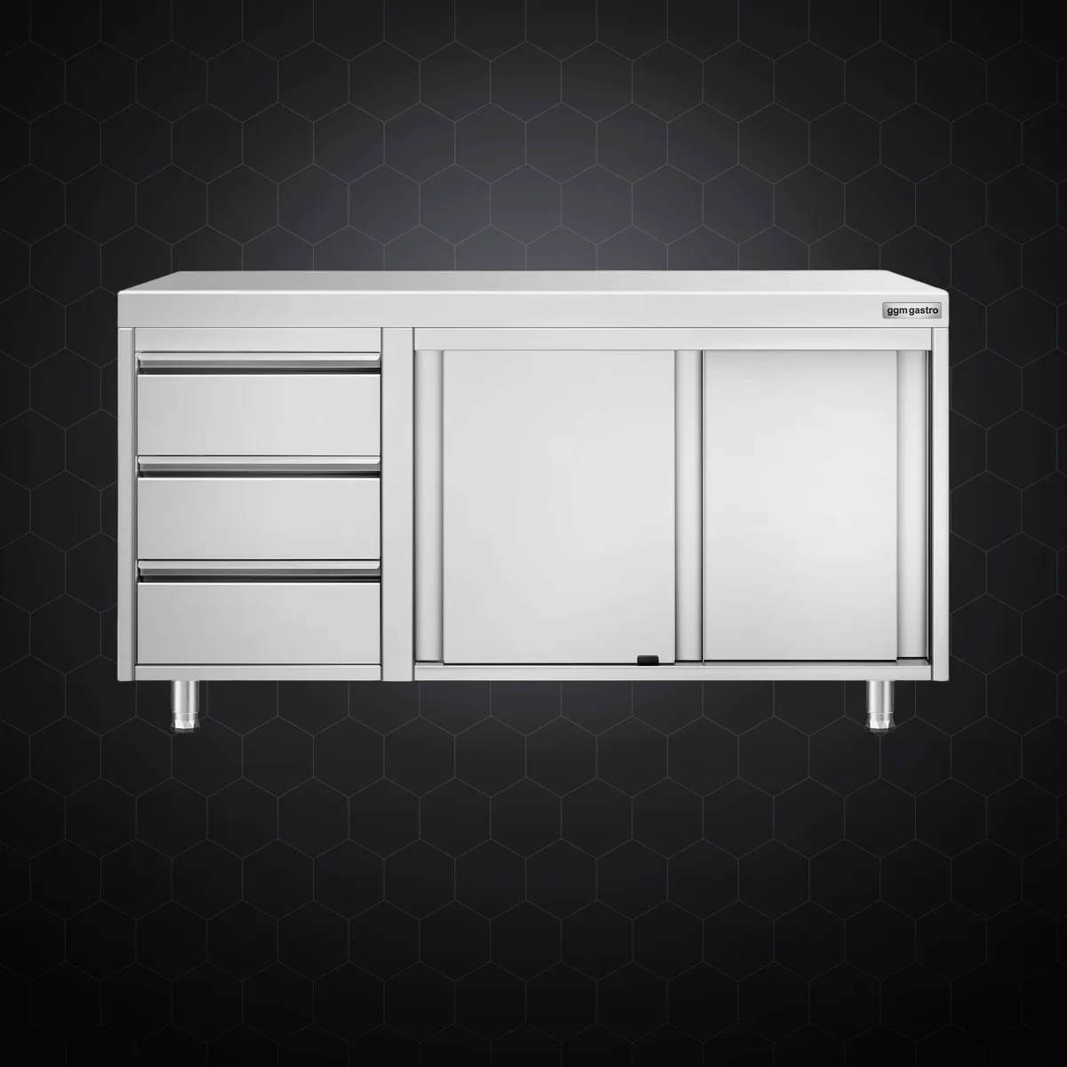 Dulap de lucru din inox cu 3 sertare și 2 uși glisante, 1400×600 mm
