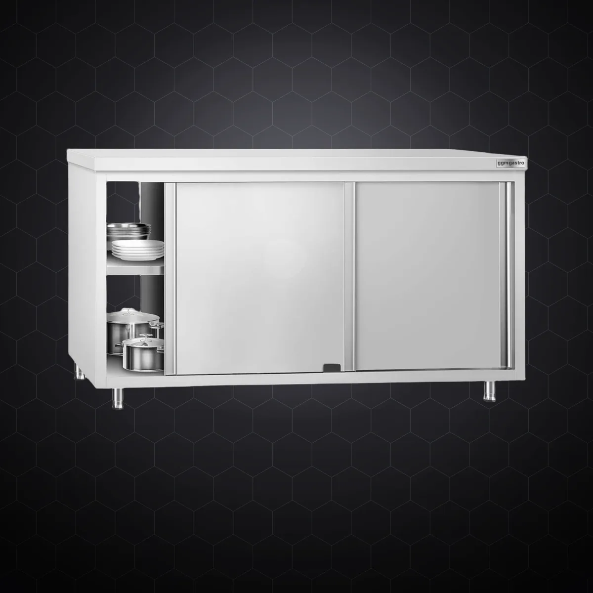 Dulap de lucru din inox pasant, cu uși glisante pe ambele părți, 1600×700 mm
