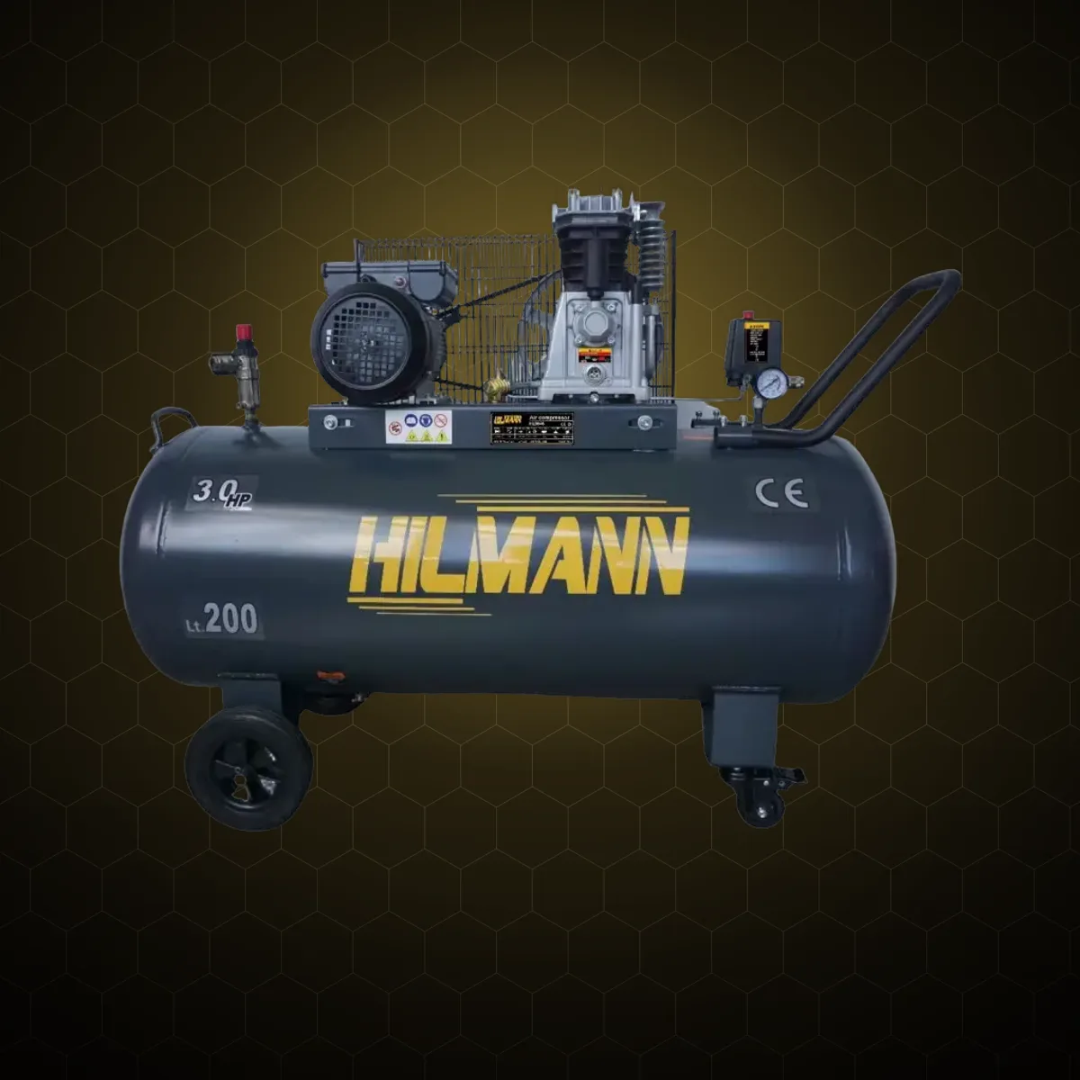 Compresor de aer cu piston Hilmann, 200 l, 2,2 kW, 220 V, 10 bar, 2 cilindri, transmisie cu curea