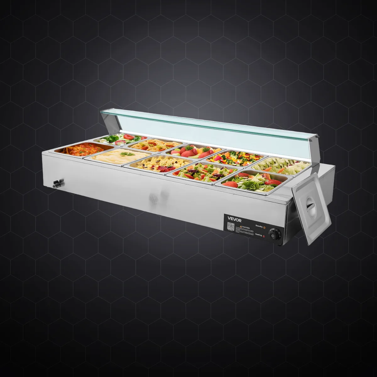 Bain-marie electric profesional cu 10 tăvi GN 1/2, 1700 W, cu parasolar din sticlă