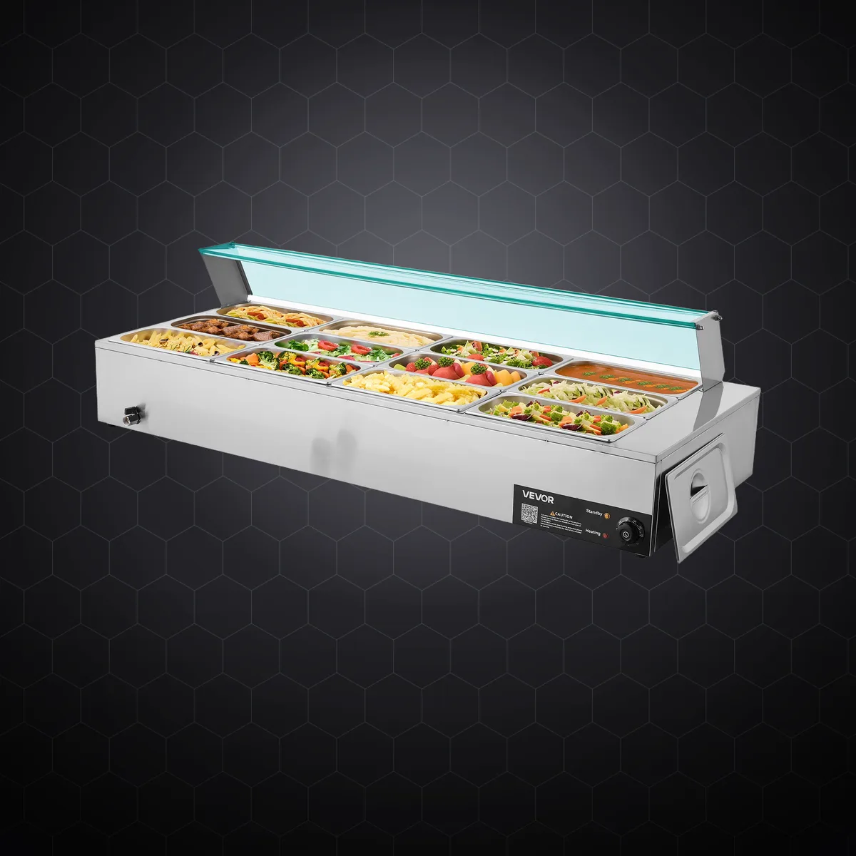 Bain-marie electric profesional cu 12 tăvi GN 1/3, 1700 W, cu parasolar din sticlă
