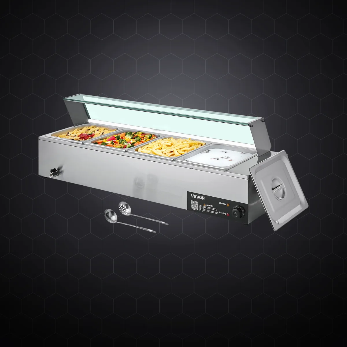 Bain-marie electric profesional cu 4 tăvi GN 1/2, 1500 W, cu parasolar din sticlă