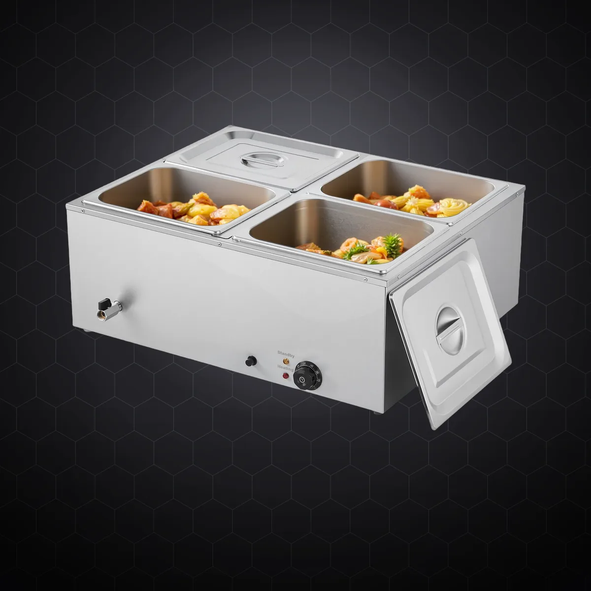 Bain-marie electric profesional cu 4 tăvi GN 1/2 și capace din inox, 1500 W, 710 × 568 × 280 mm