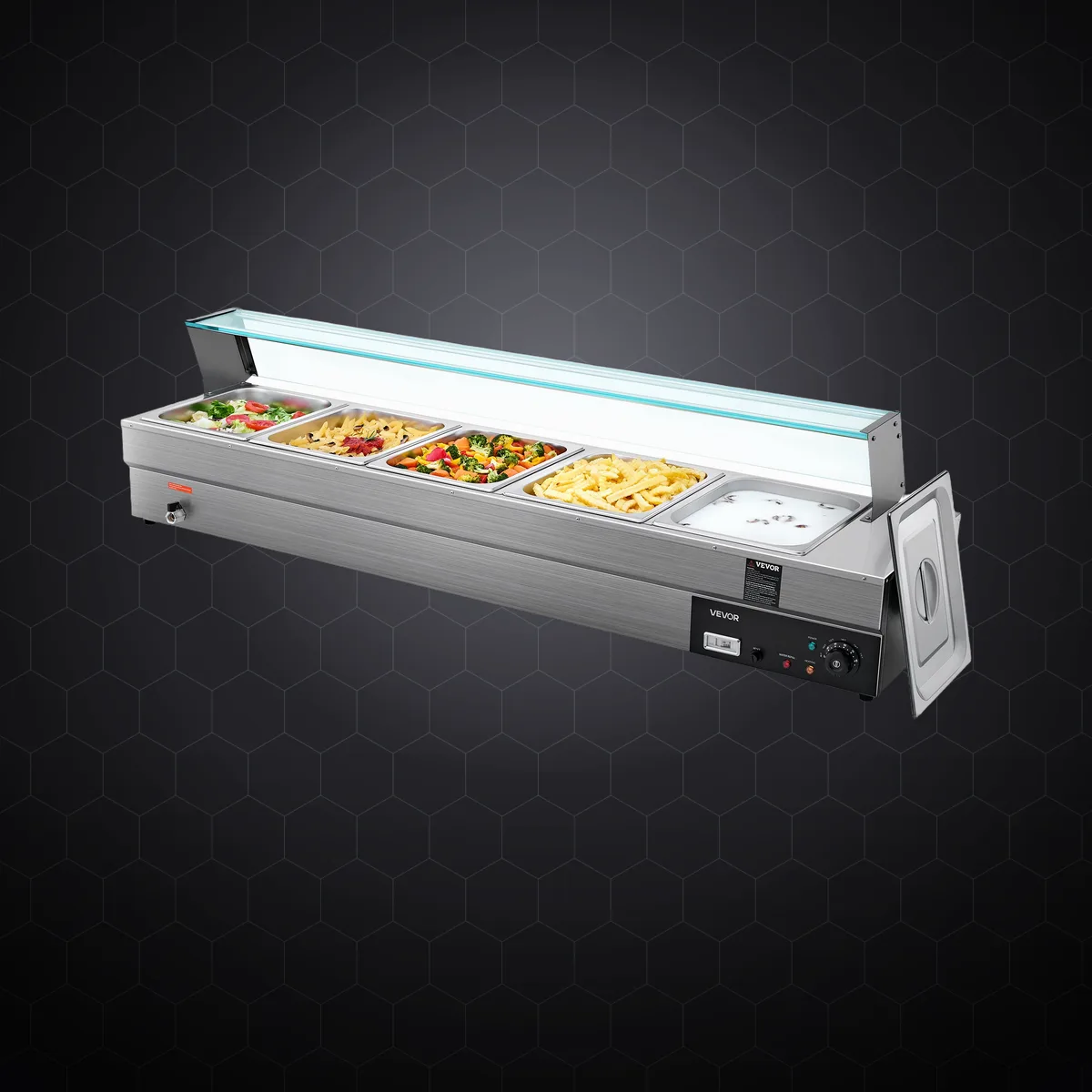 Bain-marie electric profesional cu 5 tăvi GN 1/2 adânci, 1700 W, cu parasolar din sticlă