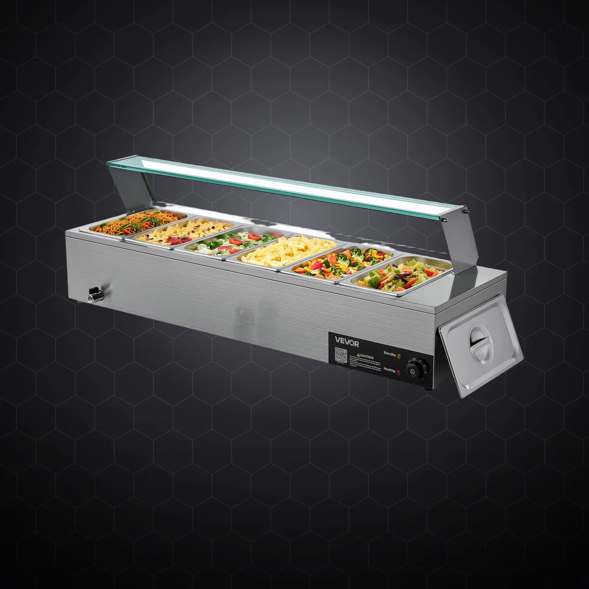 Bain-marie electric profesional cu 6 tăvi GN 1/3, 1500 W, cu parasolar din sticlă