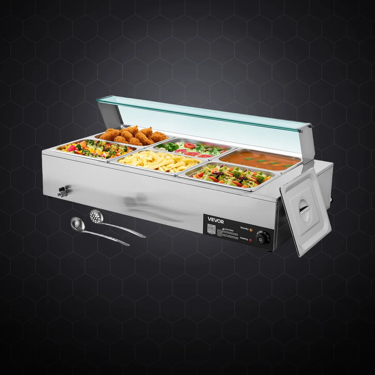 Bain-marie electric profesional cu 6 tăvi GN 1/2, 1500 W, cu parasolar din sticlă
