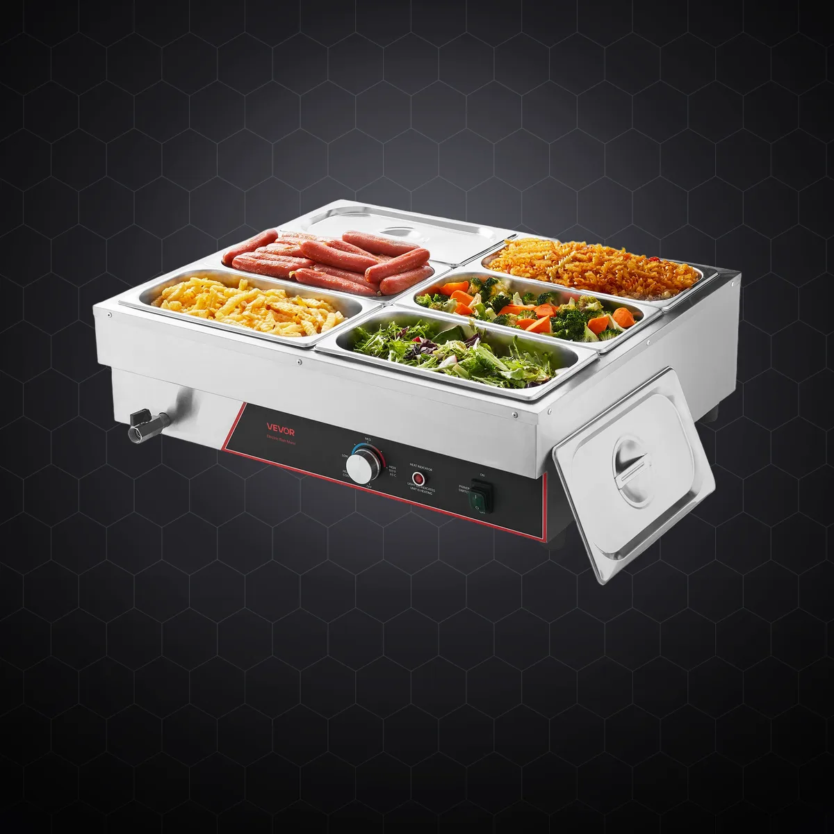 Bain-marie electric profesional cu 6 tăvi GN 1/3 și capace, 1500 W, încălzire rapidă, 690 × 570 × 220 mm