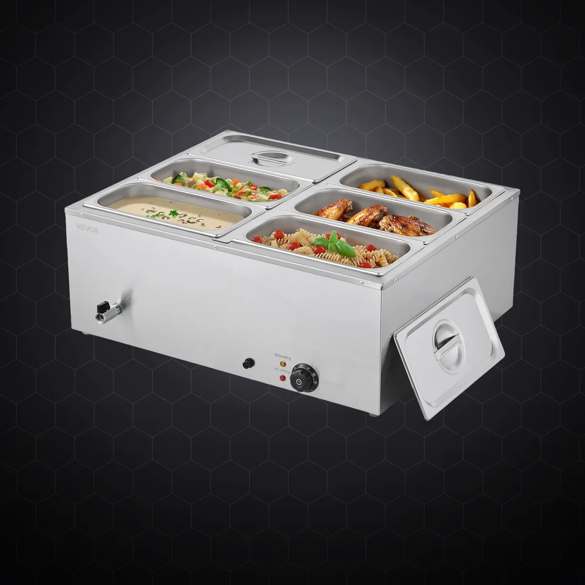 Bain-marie electric profesional cu 6 tăvi GN 1/3 și capace din inox, 1500 W, 710 × 568 × 280 mm