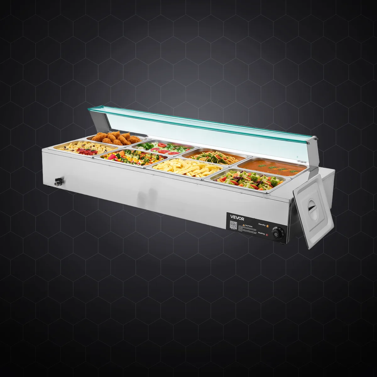 Bain-marie electric profesional cu 8 tăvi GN 1/2, 1700 W, cu parasolar din sticlă