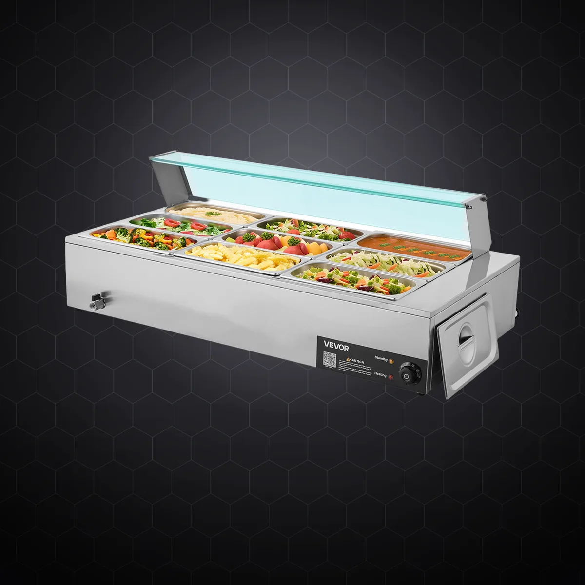 Bain-marie electric profesional cu 9 tăvi GN 1/3, 1500 W, cu parasolar din sticlă