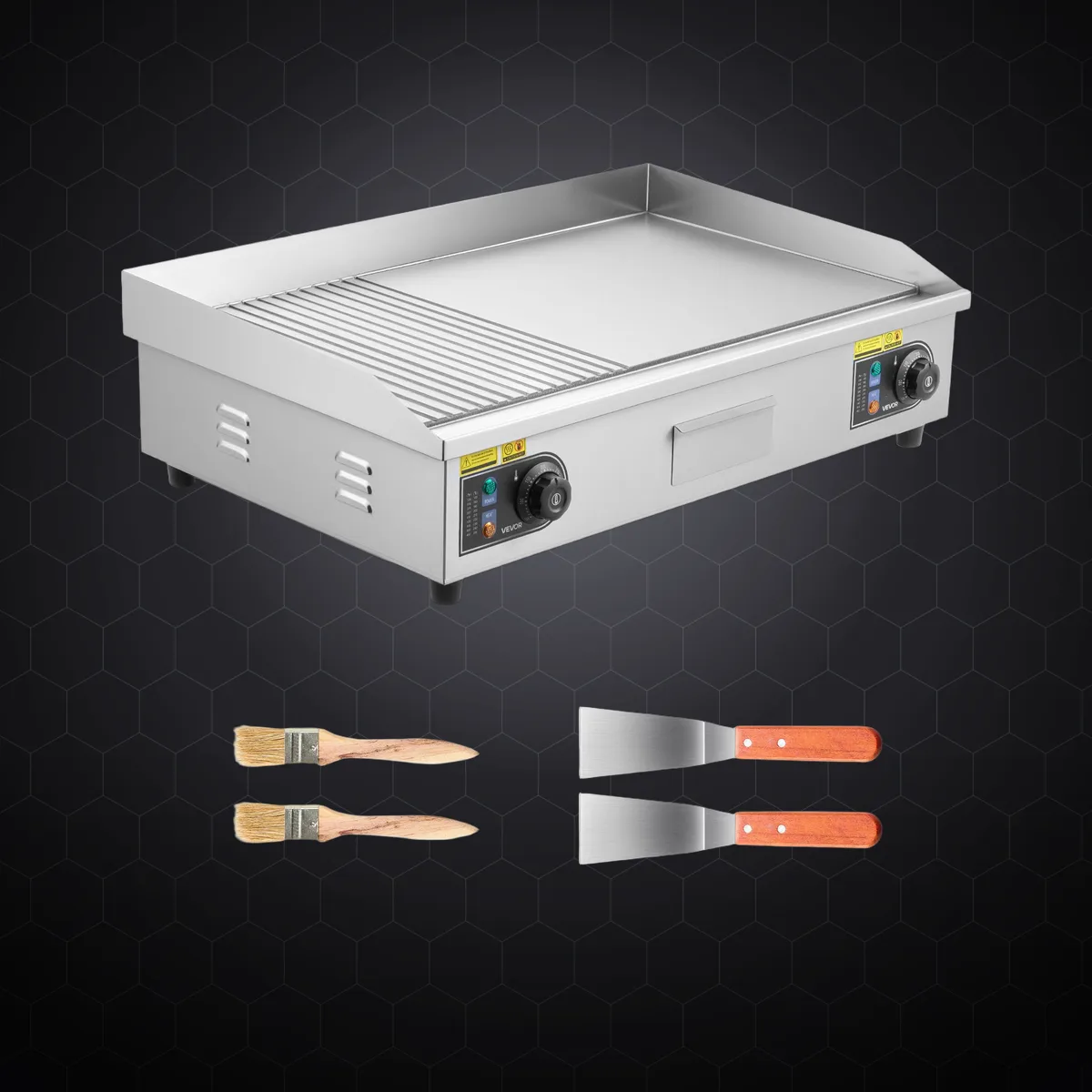 Grătar electric profesional de banc (fry-top), 725 × 400 mm, jumătate striat / jumătate neted, 4400 W