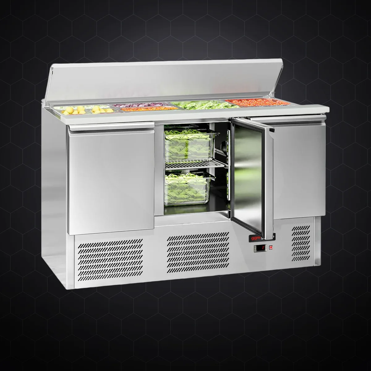 Saladetă ECO, 1368 mm, front negru, 3 uși, cu capac inox, pentru 4× GN 1/1