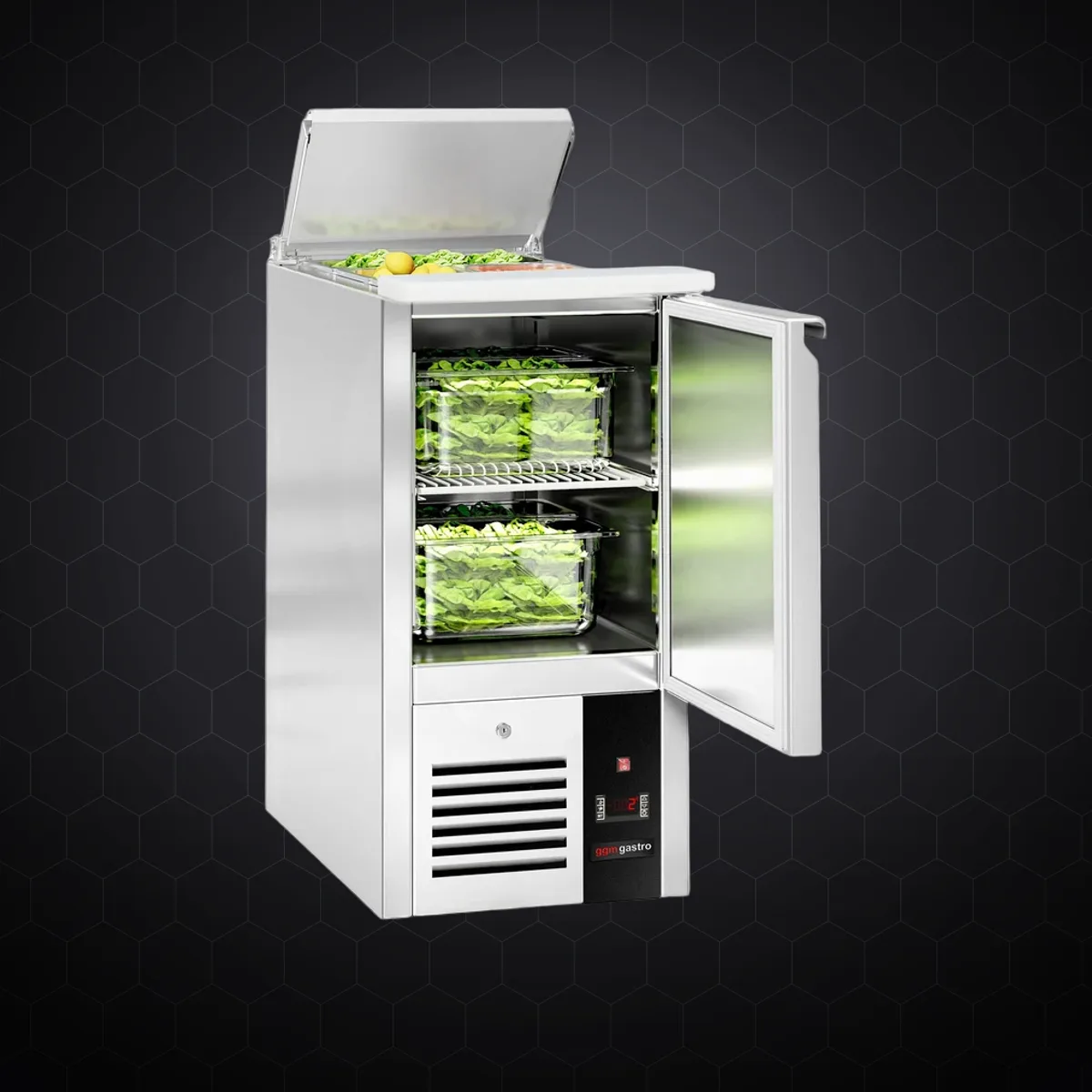 Saladetă Premium, 450 mm, 1 ușă, cu capac inox, pentru 1× GN 1/1, 102 L