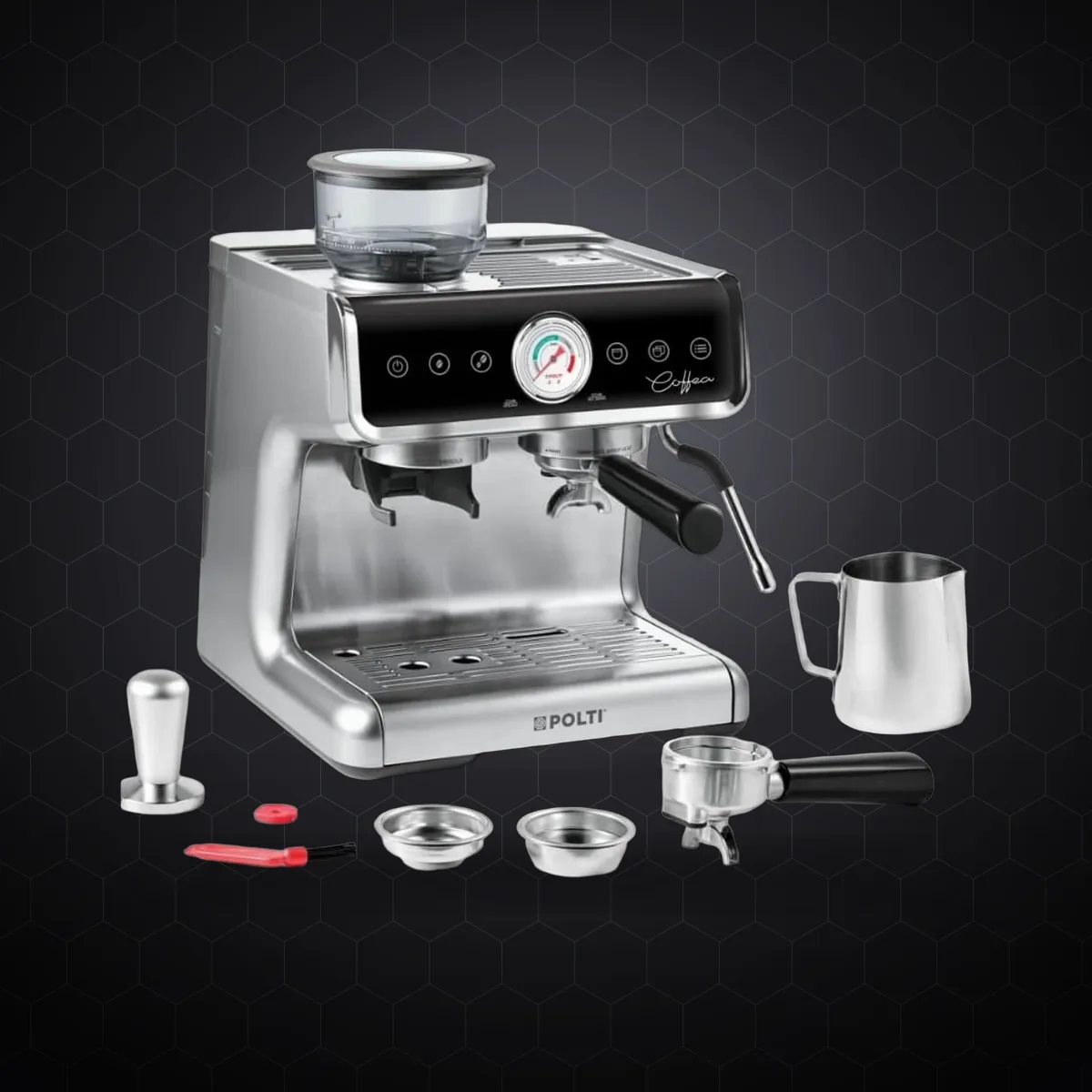Espressor profesional manual cu râșniță Polti Coffea G50S, 1550 W, 15 bar, rezervor 2,8 L, 30 trepte de măcinare
