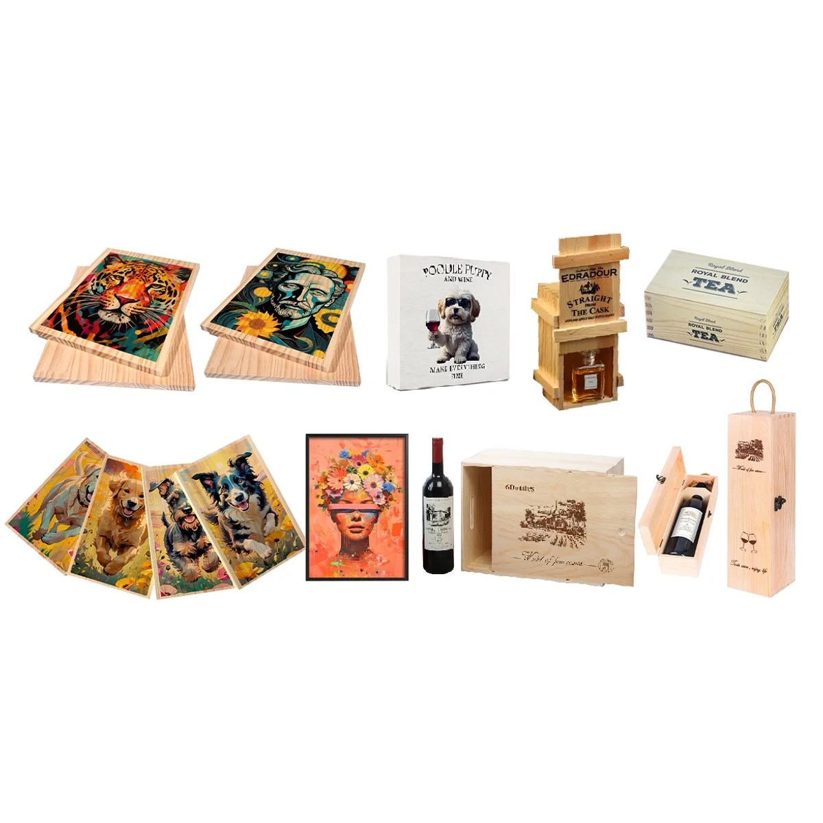 Aplicații: cutii cadou, lemn și print decorativ