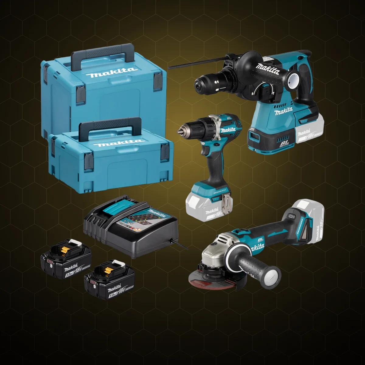 Set 3 mașini cu acumulator Makita DLX3195JX1, 18V — rotopercutor DHR243 + polizor unghiular DGA504 + mașină de găurit/înșurubat DDF484, 2×5.0Ah