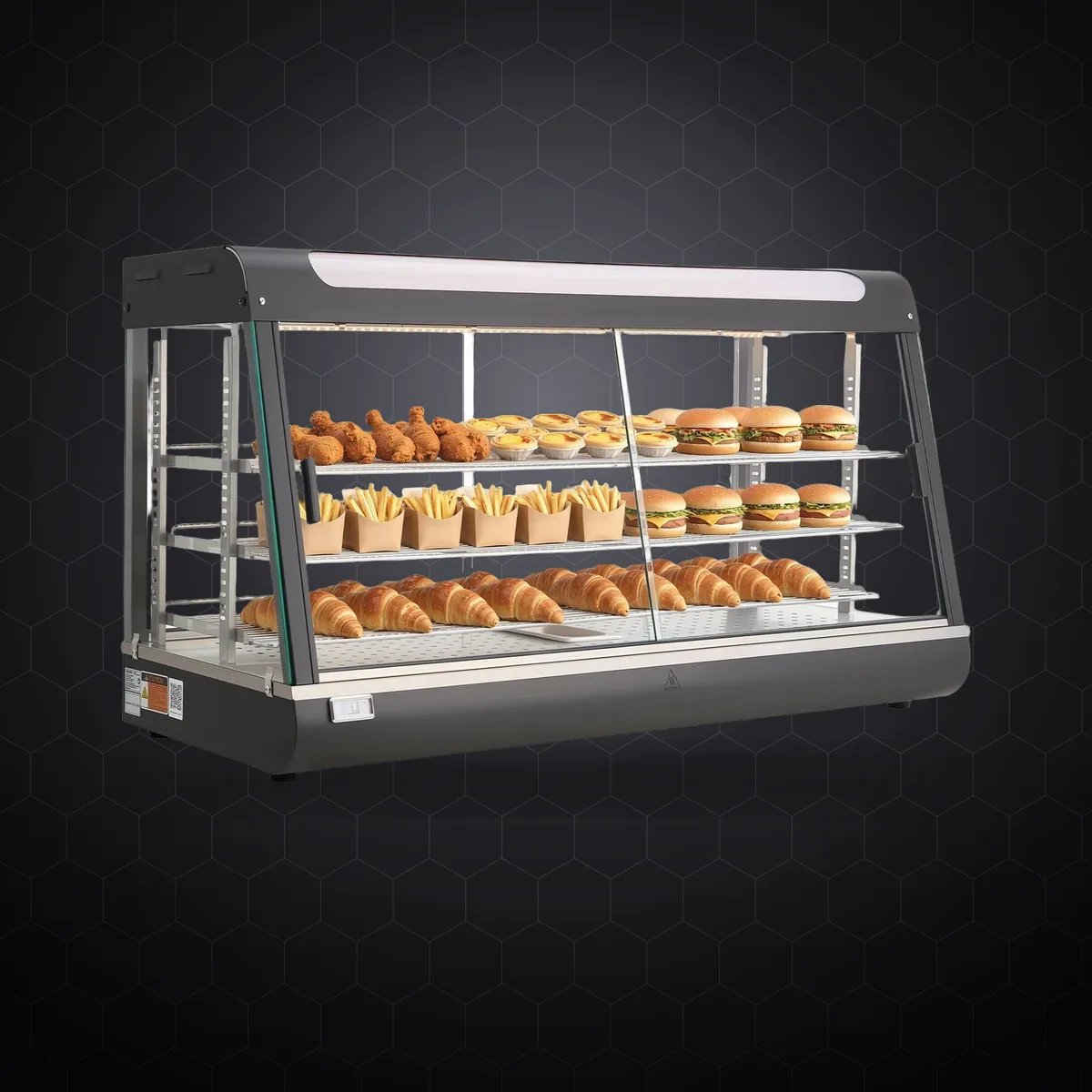 Vitrină caldă comercială, 3 niveluri, 180 L, 1600 W, încălzire cu abur 30-85°C, iluminare LED